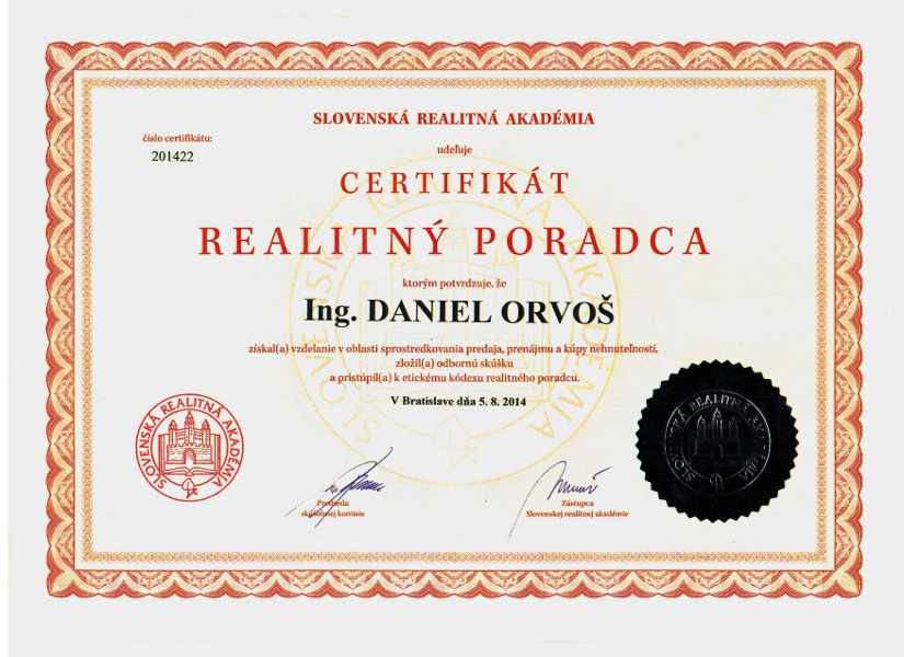 Certifikát Realitnej únie potvrdzujúci, že Ing. Daniel Orvoš získal vzdelanie v oblasti sprostredkovania predaja nehnuteľností.